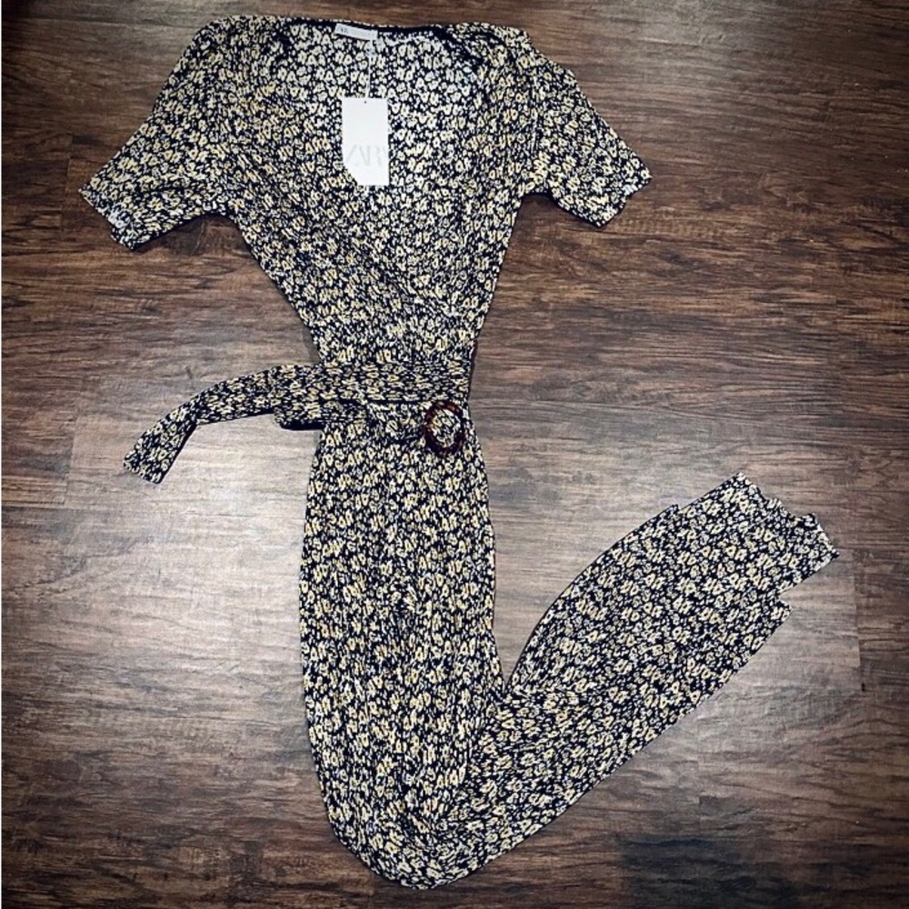 ZARA Women NEW Worn Once Long Pants Jumpsuit Floral Black Gold Sz M